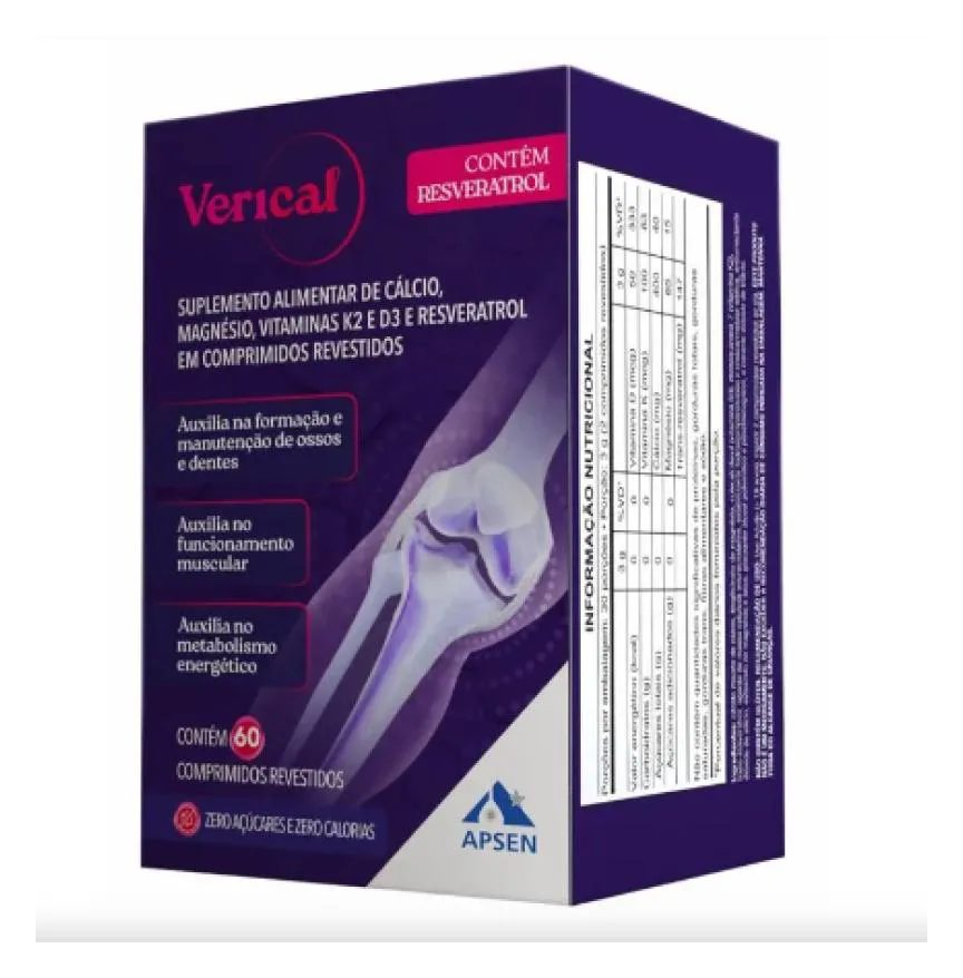 Verical Resveratrol + Citrato Malato de Cálcio + Magnésio + Vitamina D3 + K2 C/60 cápsulas