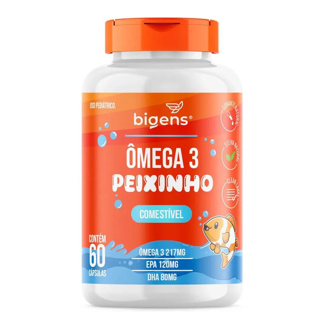 Ômega 3 Peixinho Mastigável 60 Cápsulas | DHA + EPA Sabor Laranja, Corante Natural, Zero Açúcar | Bigens