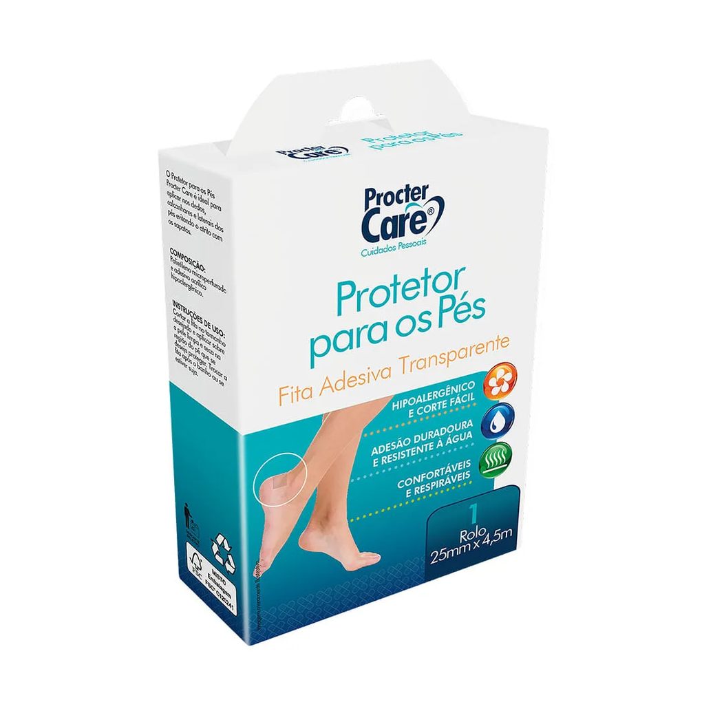 Fita Adesiva Protetora Para Os Pés Procter Care Com 1 Rolo De 25mm X 4,5m