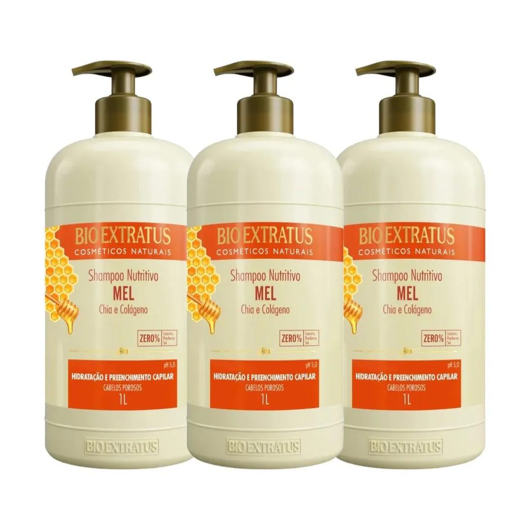 Kit 3 Shampoo Mel Nutritivo 1L Bio Extratus