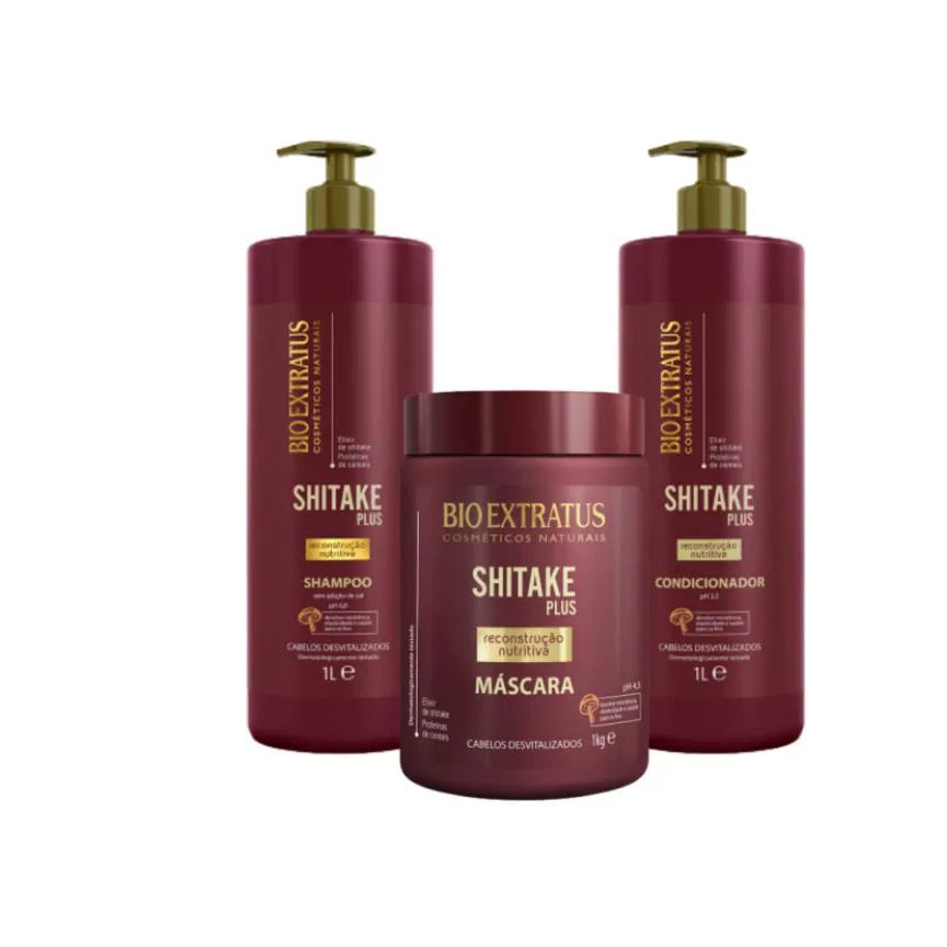 Kit 1 Shampoo 1 Condicionador 1 Banho de Creme Limpeza Nutritiva Shitake 1L