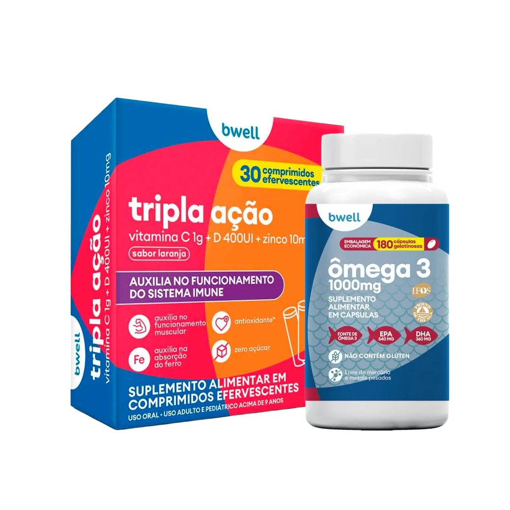 Kit Bwell Ômega 3 180 Cápsulas + Vitamina C Tripla Ação 30 Comprimidos Efervescentes