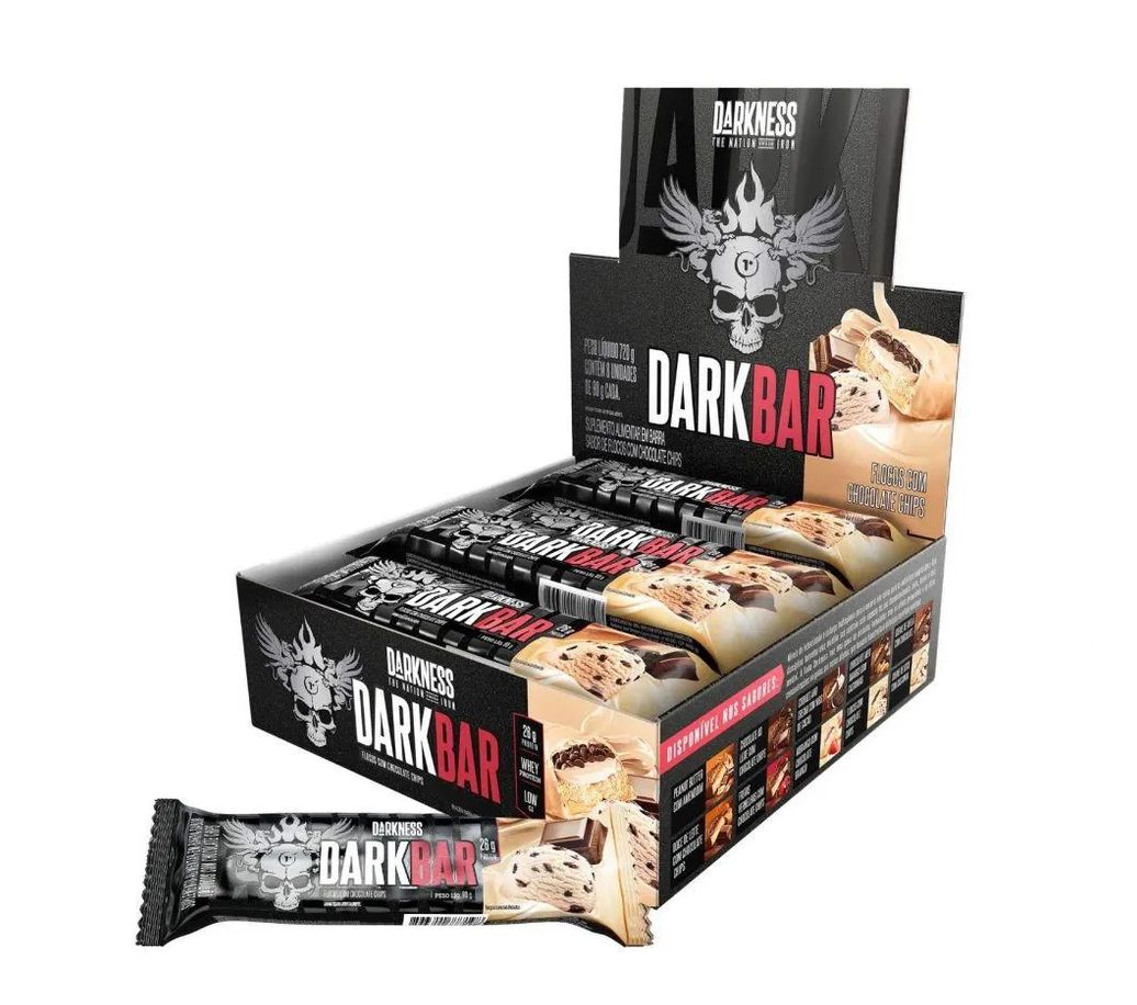 Dark Bar Caixa 8 unidades (720g) – Nova Embalagem – Sabor: Flocos c/ Chocolate Chips