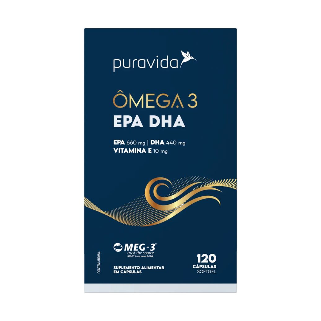 Ômega 3 Puravida EPA 660mg DHA 440mg Vitamina E 10mg 120 cápsulas