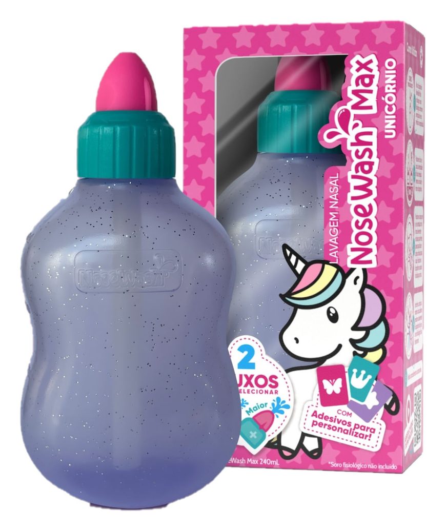 Dispositivo de Lavagem Nasal Nosewash Max Unicórnio 240ml + Adesivos para Personalizar