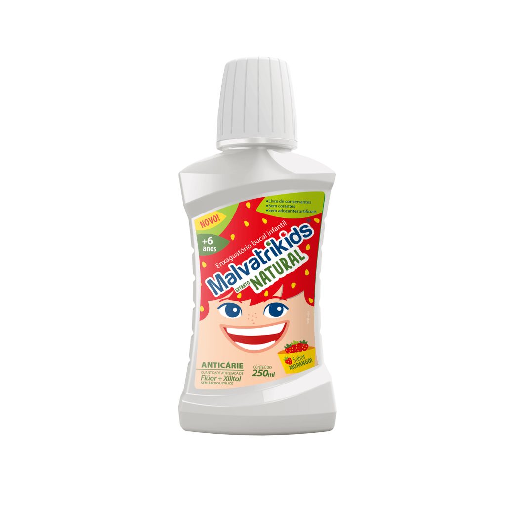 Enxaguante Bucal Infantil Malvatrikids Extrato Natural +6 anos Flúor Zero Álcool Sabor Morango 250ml