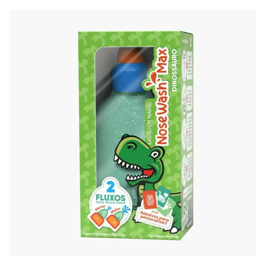 Dispositivo de Lavagem Nasal Nosewash Max Dinossauro 240ml + Adesivos para Personalizar