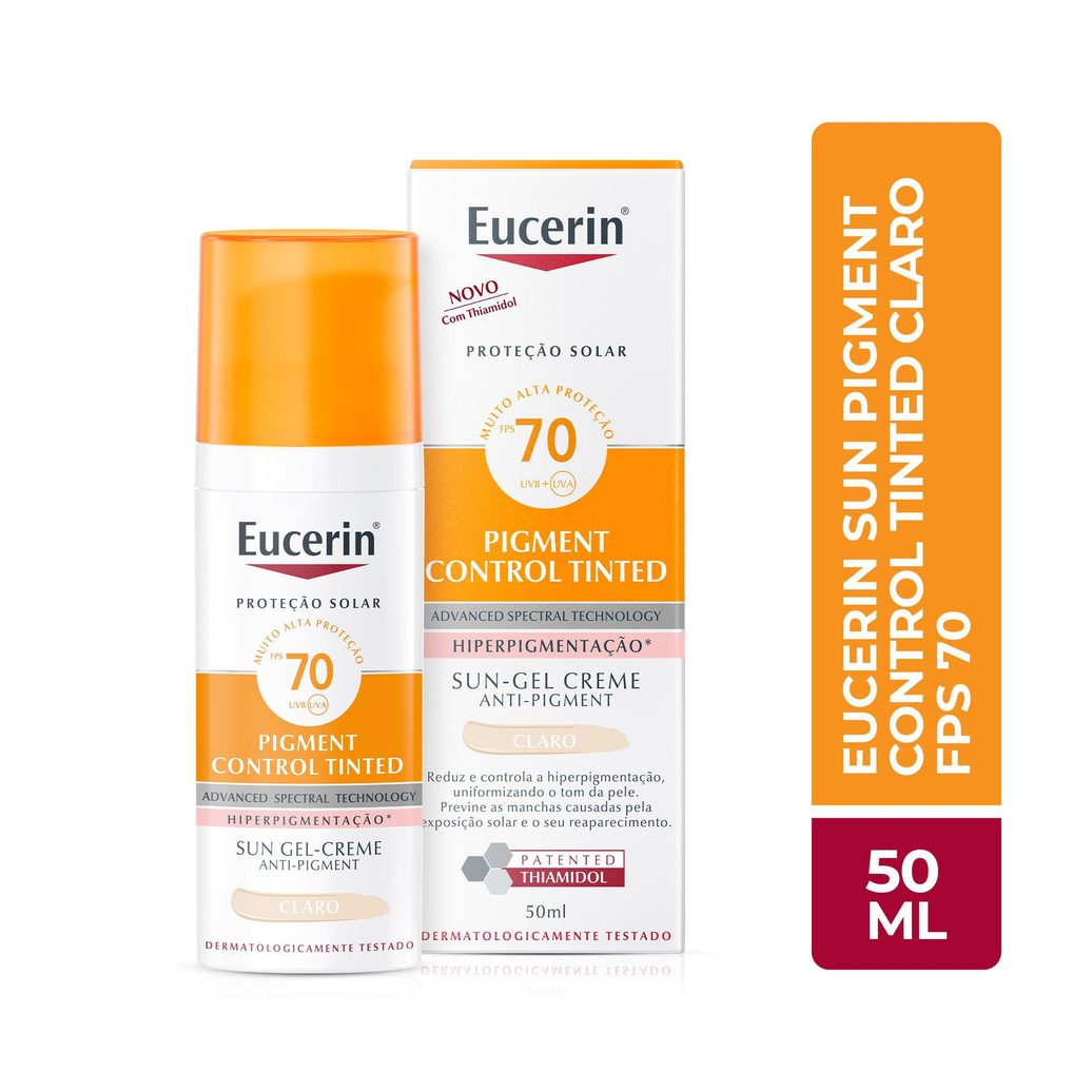 Protetor Solar Facial Eucerin Sun Pigment Control Tinted FPS70 Gel Creme Tom Claro 50ml