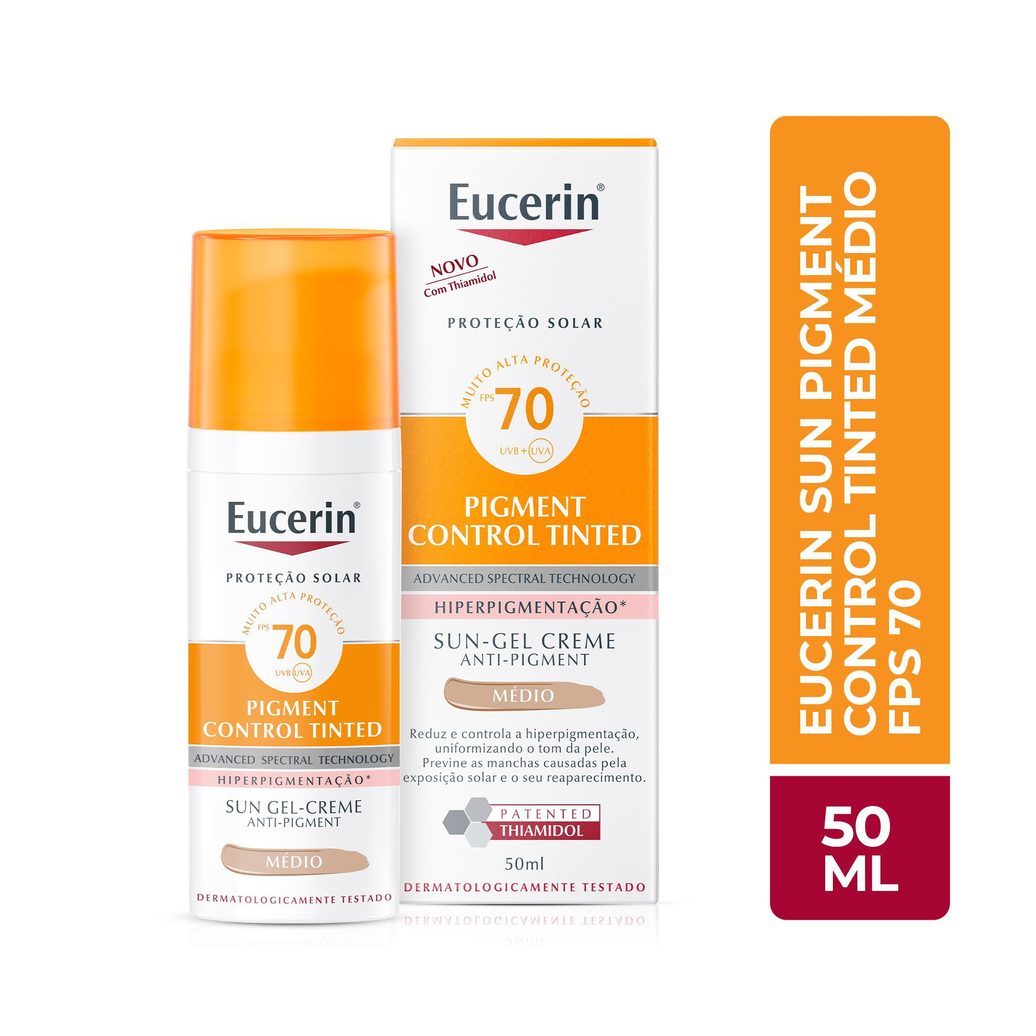 Protetor Solar Facial Eucerin Sun Pigment Control Tinted FPS70 Gel Creme Tom Médio 50ml