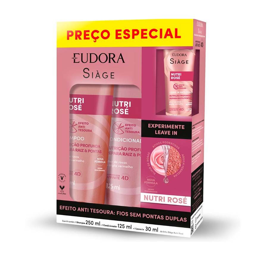 Kit Shampoo Eudora Siàge Nutri Rosé 250ml 1 Uni + Condicionador 125ml 1 Uni + Leave-in Rosé 30ml 1 Uni