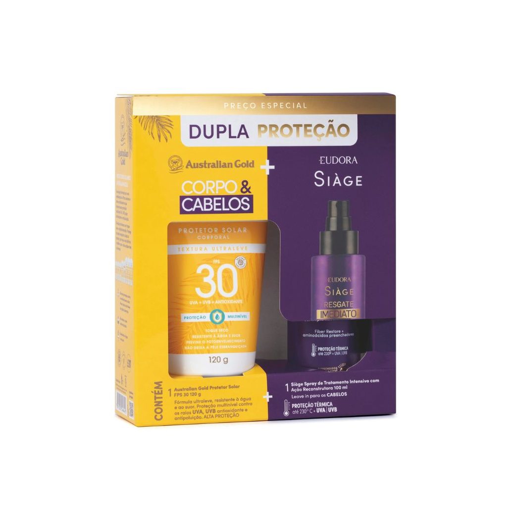 Kit Dupla Proteção Protetor Solar Australian Gold Toque Seco FPS30 120g 1 Unidade + Leave-In Eudora Siàge Resgate Imediato 100ml 1 Unidade