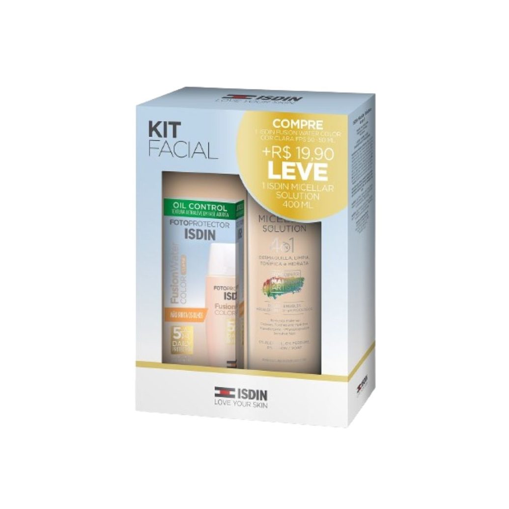 Kit Protetor Solar Facial ISDIN Fusion Water FPS50 Clara 50ml 1 Unidade + Solução Micelar ISDIN 4 em 1 400ml 1 Unidade