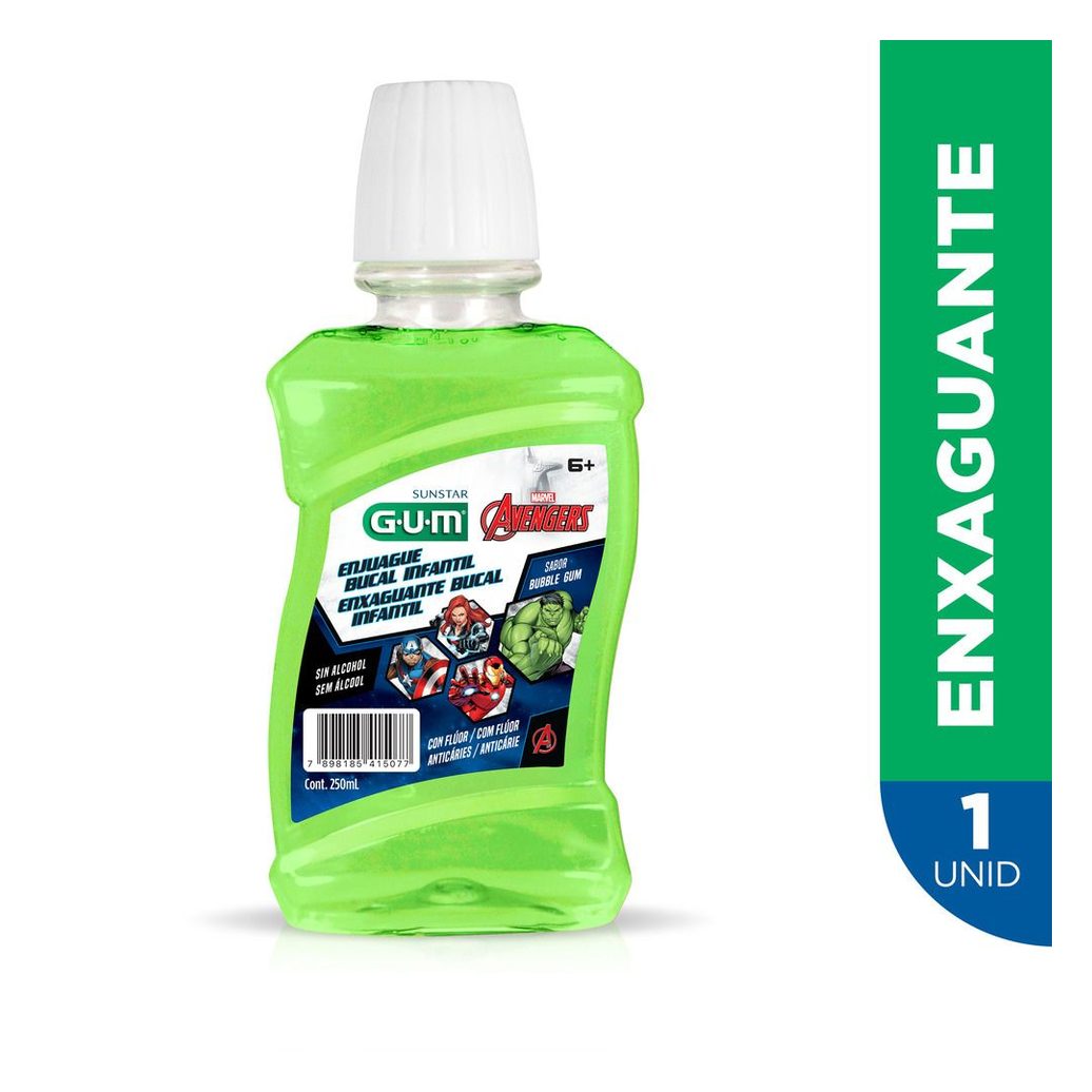 Enxaguante Bucal Infantil Sunstar Avengers Zero Álcool +6 anos Sabor Bubble GUM 250ml