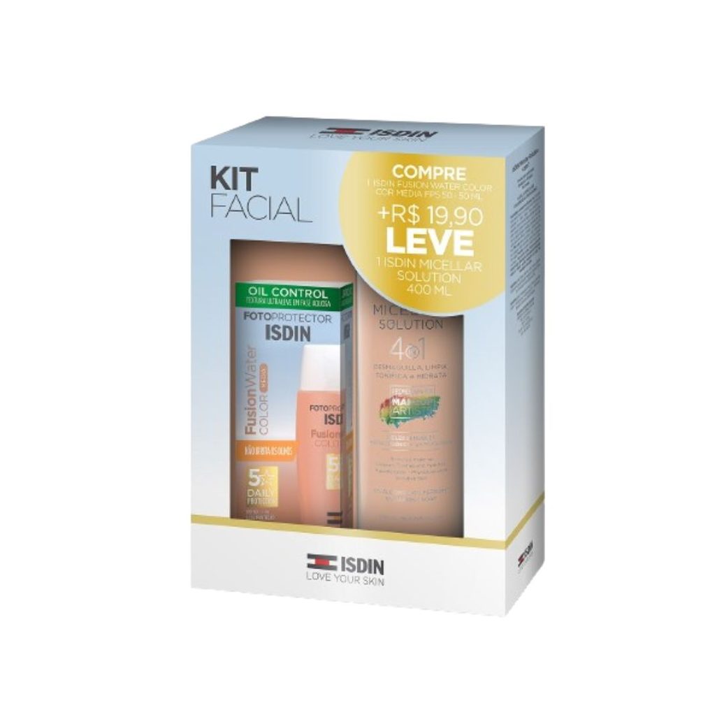 Kit Protetor Solar Facial ISDIN Fusion Water FPS50 Média 50ml 1 Unidade + Solução Micelar ISDIN 4 em 1 400ml 1 Unidade