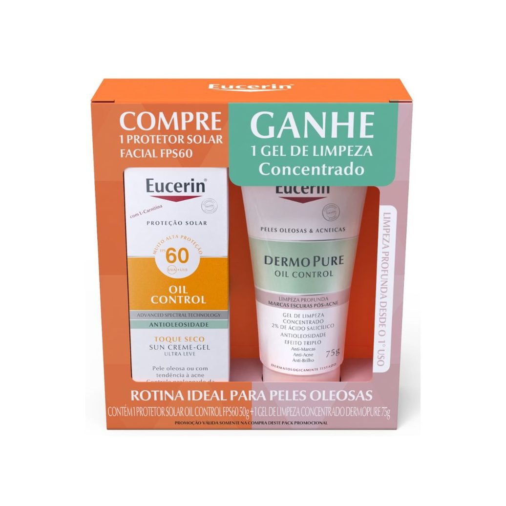 Kit Protetor Solar Facial Eucerin Sun Oil Control FPS60 50g 1 Unidade + Gel de Limpeza Facial Eucerin Dermopure Concentrado 75ml 1 Unidade