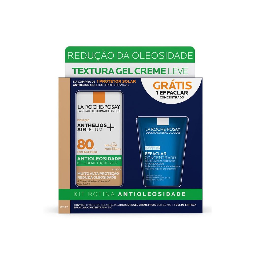 Kit La Roche-Posay Protetor Solar Facial Anthelios Airlicium+ FPS80 Cor 2,0 40g 1 Uni + Gel de Limpeza Effaclar Concentrado 50g 1 Uni