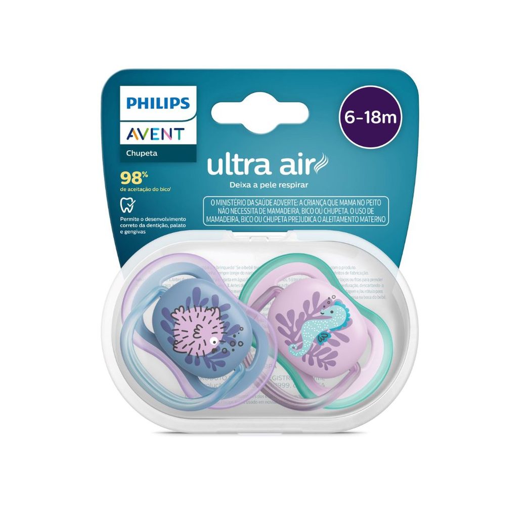 Chupeta Philips Avent Ultra Air +6 meses Silicone Azul e Rosa 2 Unidades