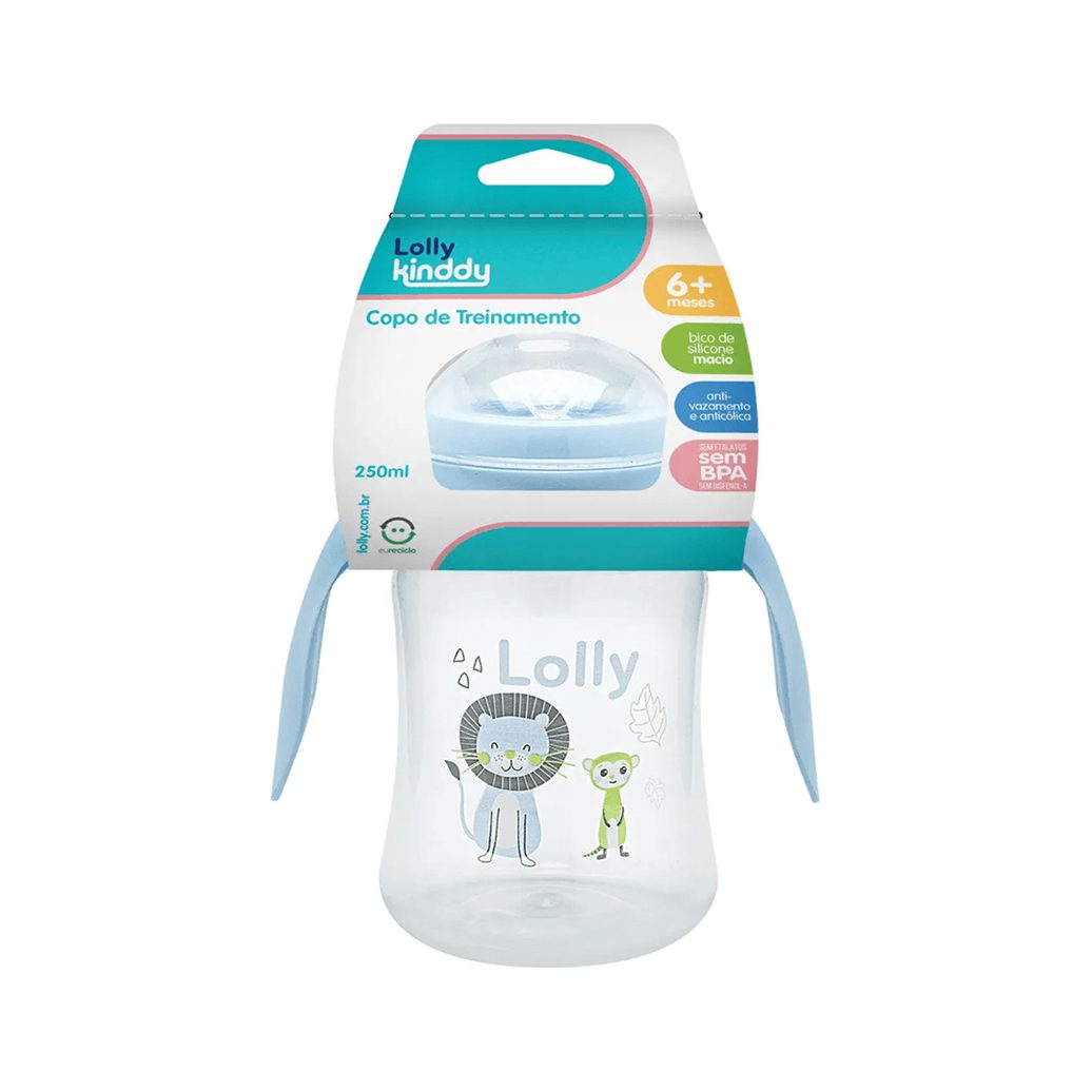 Copo de Transição Lolly Kinddy Zoo +18 meses Antivazamento com Alça Azul 250ml 1 Unidade