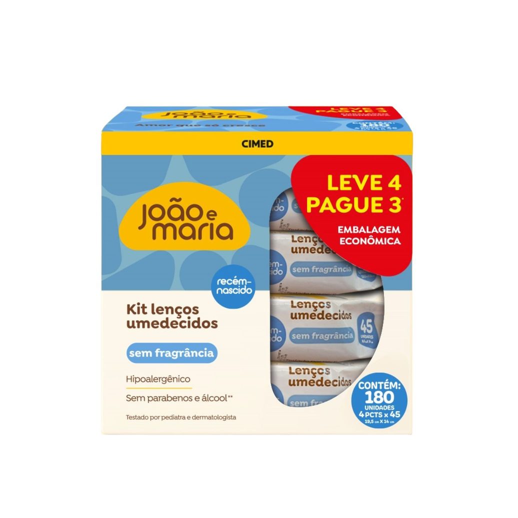 Kit Lenço Umedecido João E Maria Recém-Nascido Sem Fragrância Com Glicerina E Aloe Vera 4 Un Com 45 Folhas Cada Leve 4 Pague 3 Unidades