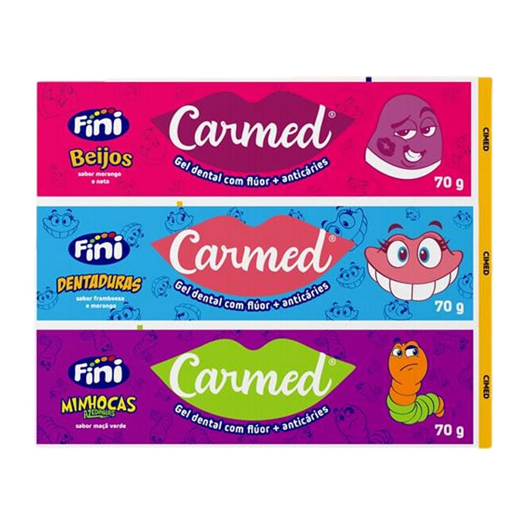Kit Gel Dental Infantil Carmed Fini Minhocas Azedinhas Maçã-Verde + Dentaduras Framboesa E Morango + Beijos Morango E Nata Anticáries Com Flúor 70g