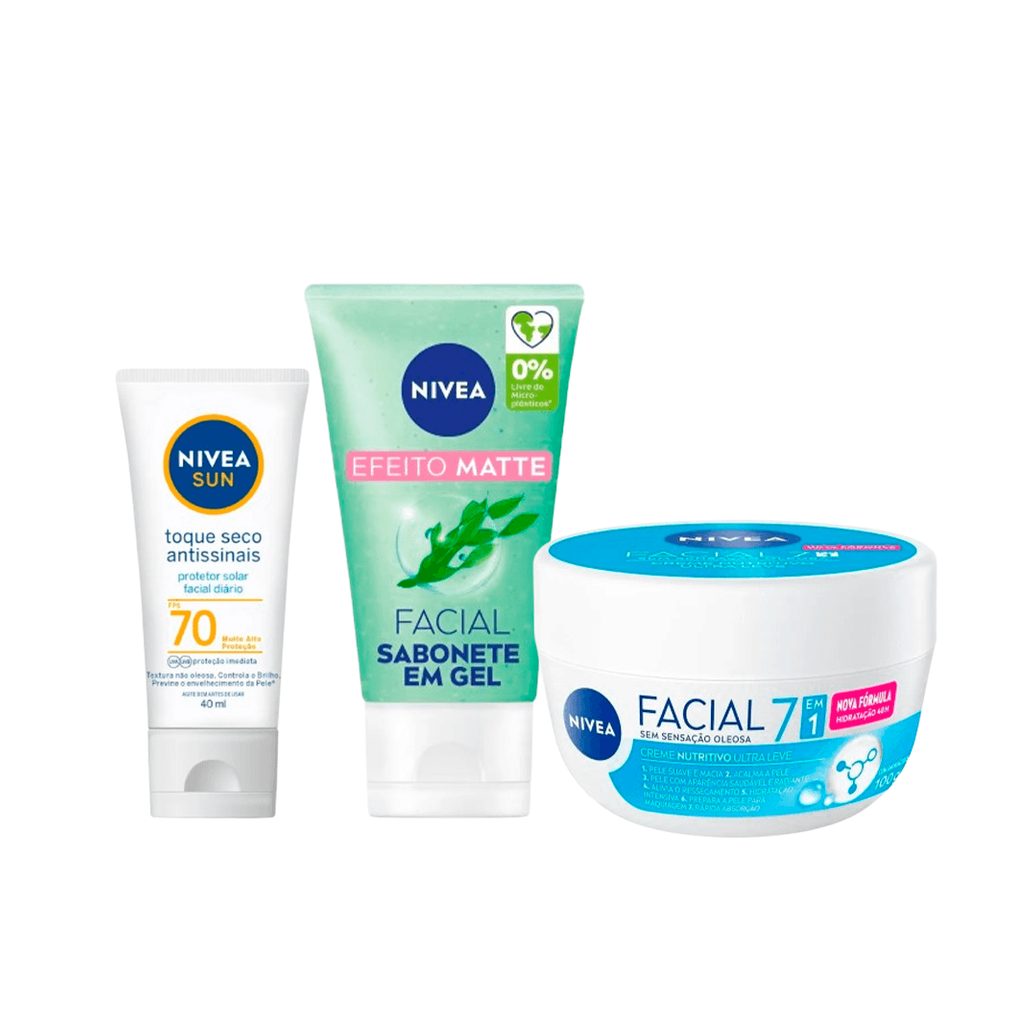 Kit Nivea Gel de Limpeza Facial Visage Pele Oleosa 150ml + Protetor Solar Facial Sun Toque Seco Antissinais FPS70 40ml + Creme Facial Nutritivo 100g