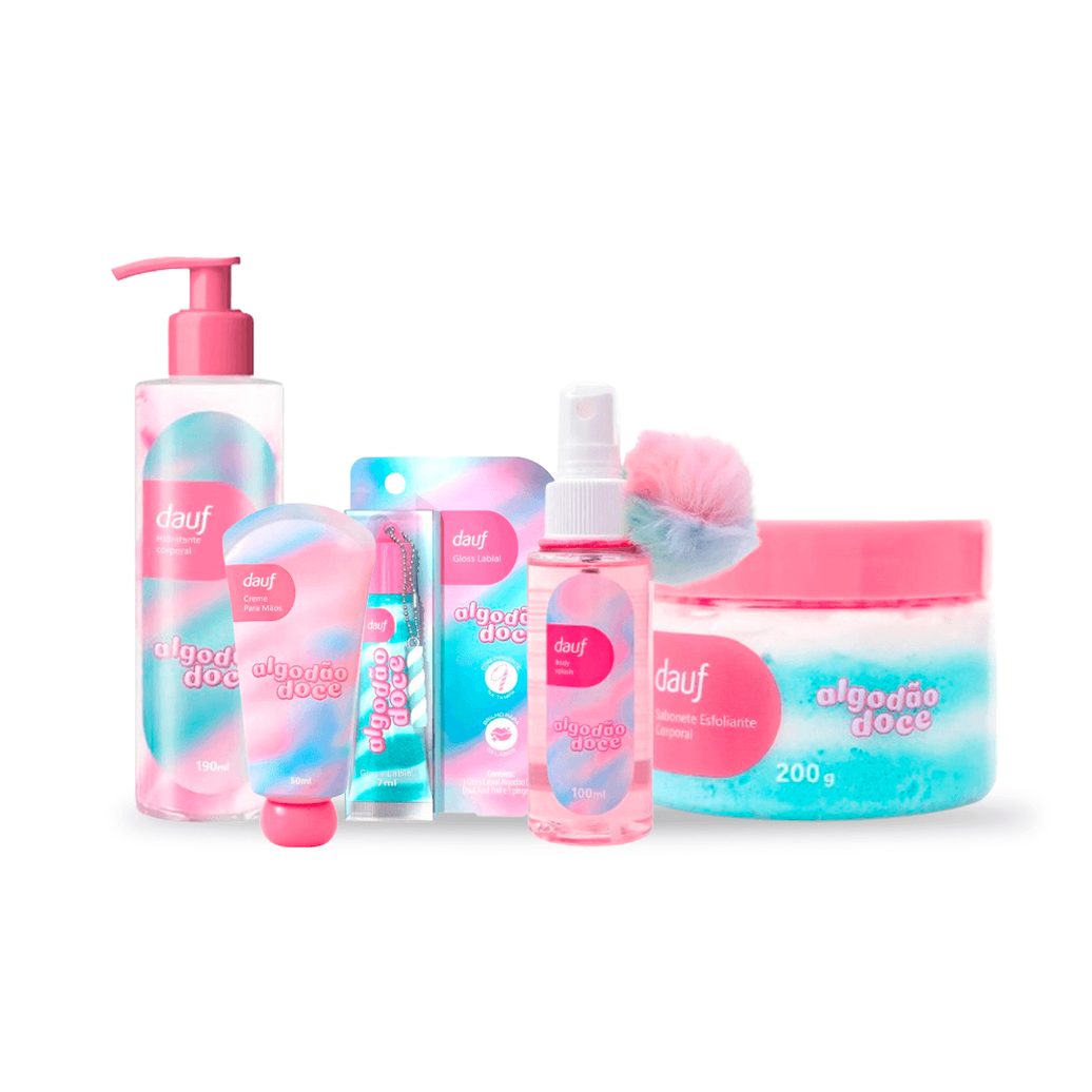 Kit Dauf Algodão Doce Sabonete Corporal 200g + Hidratante Para Mãos 50ml + Gloss Labial 7ml Azul + Hidratante Corporal 190ml + Body Splash 100ml