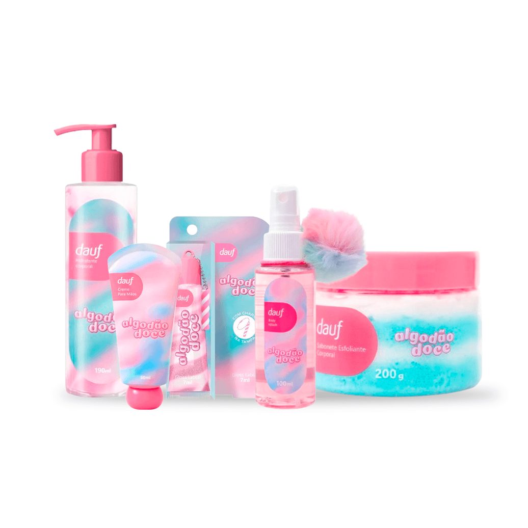 Kit Dauf Algodão Doce Sabonete Corporal 200g + Hidratante Para Mãos 50ml + Gloss Labial 7ml Rosa + Hidratante Corporal 190ml + Body Splash 100ml
