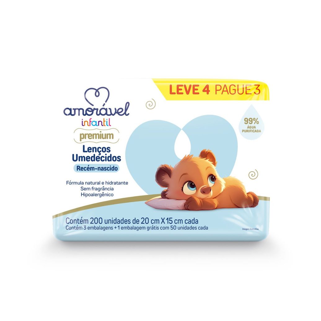 Lenço Umedecido Amorável Infantil 99% Água 50 Unidades Leve 4 Pague 3