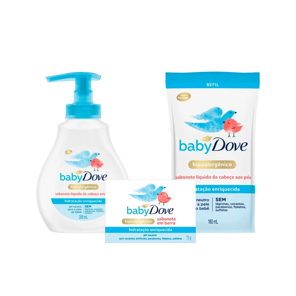 Kit Infantil Dove Hidratação Sabonete Líquido 200ml + Refil Sabonete Líquido 180ml + Sabonete em Barra 75g