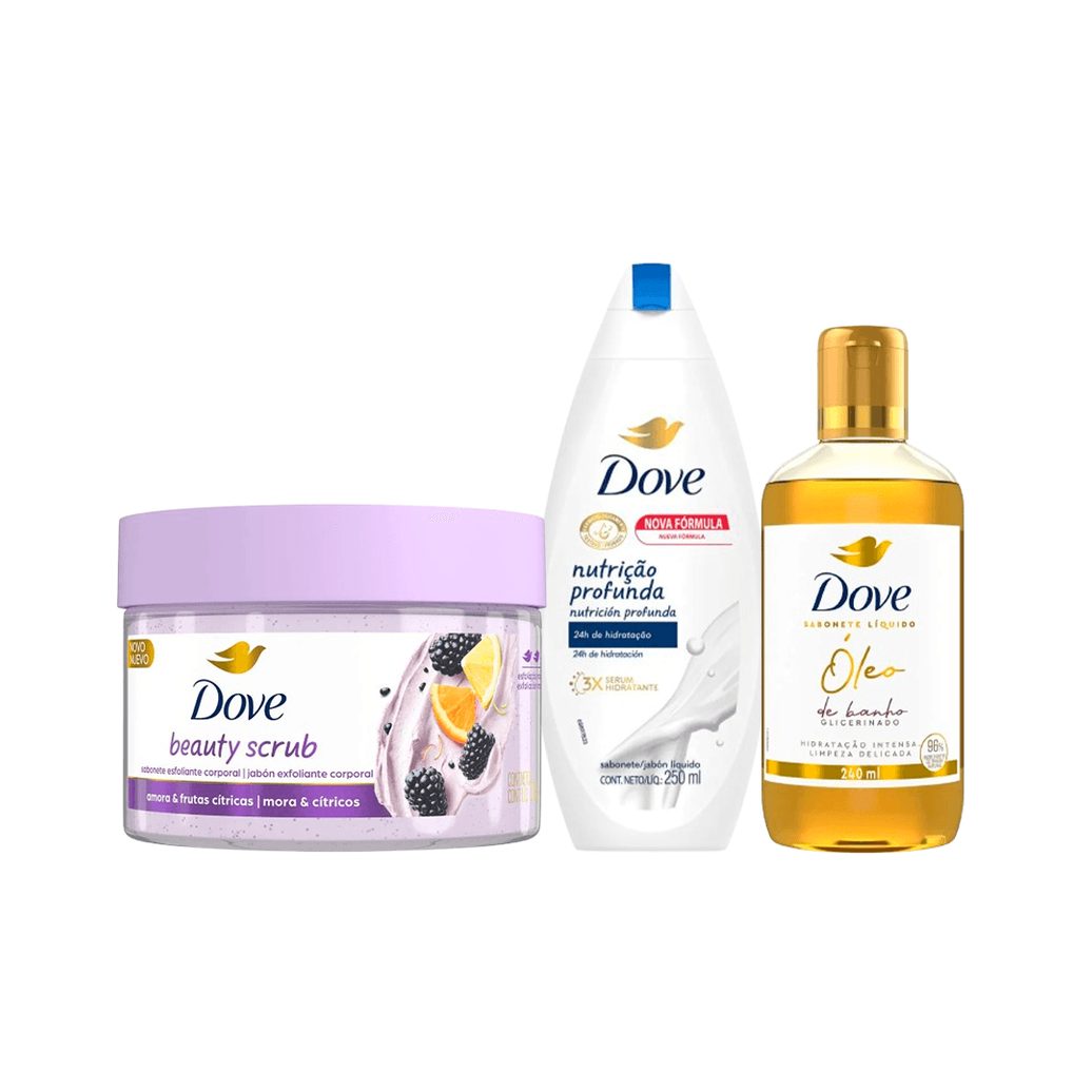 Kit Dove Banho Sabonete Esfoliante Beauty Scrub 280g + Sabonete Líquido Óleo de Banho 240ml + Sabonete Líquido Nutrição Profunda 250ml