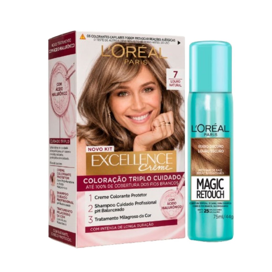 Kit L'Oréal Tintura Imédia excellence Louro Natural 7 + Tintura Magic Retouch Louro Escuro Spray 75ml