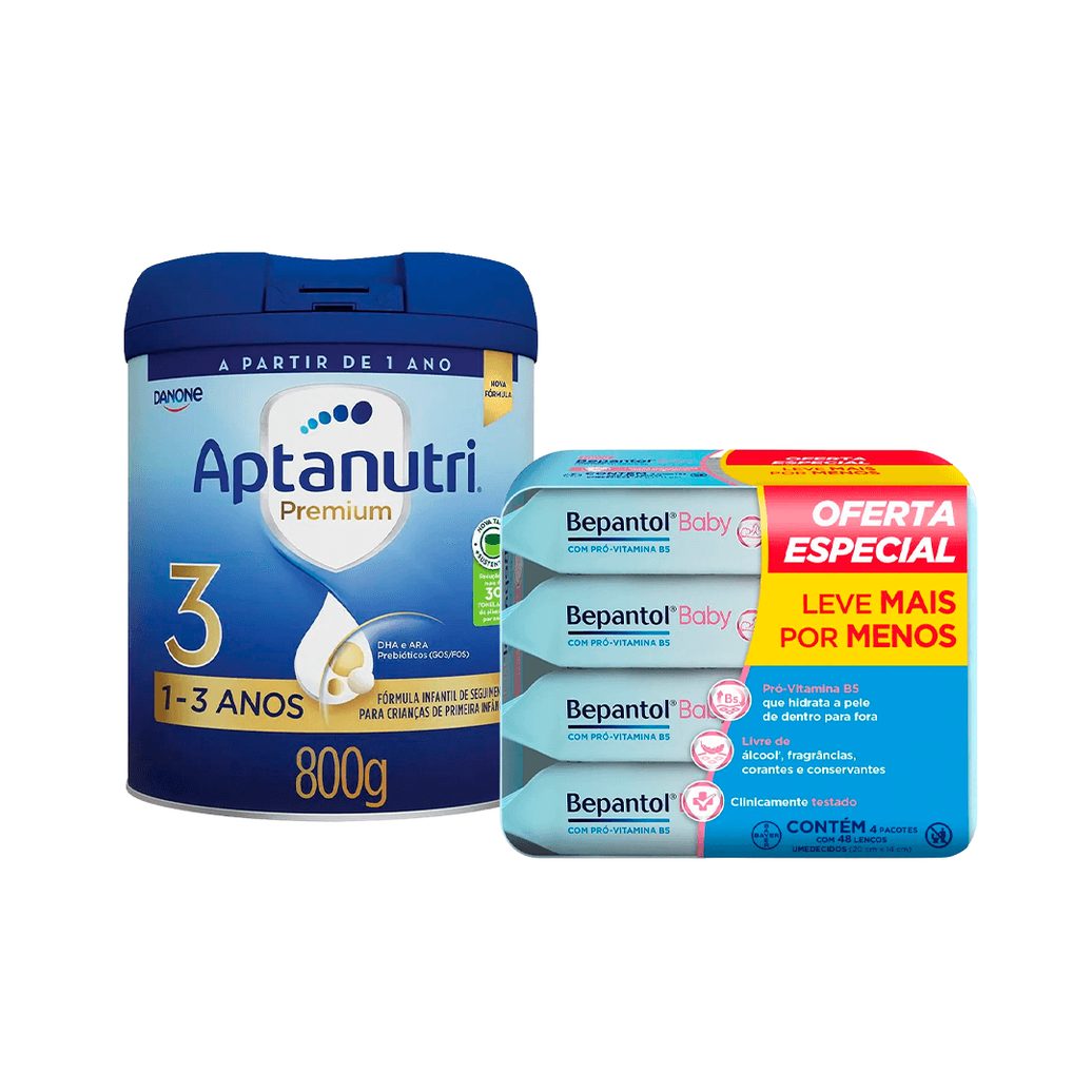Kit Aptanutri & Bepantol Fórmula Infantil Premium 3 800g + Lenços Umedecidos Sem Fragrância Hipoalergênico com Pró-Vitamina B5 48 Unidades