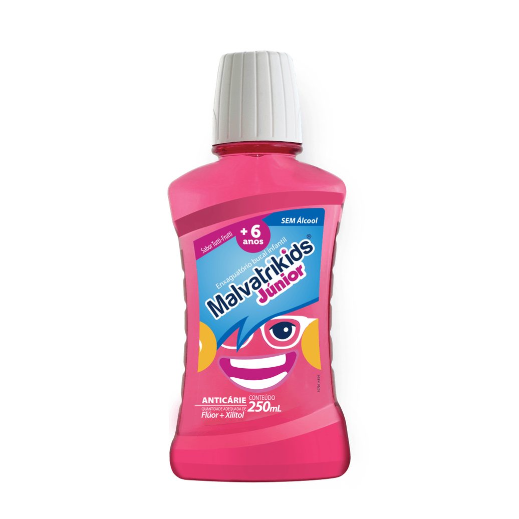 Enxaguante Bucal Infantil Malvatrikids Júnior Flúor Xilitol Zero Álcool Sabor Tutti Frutti 250ml