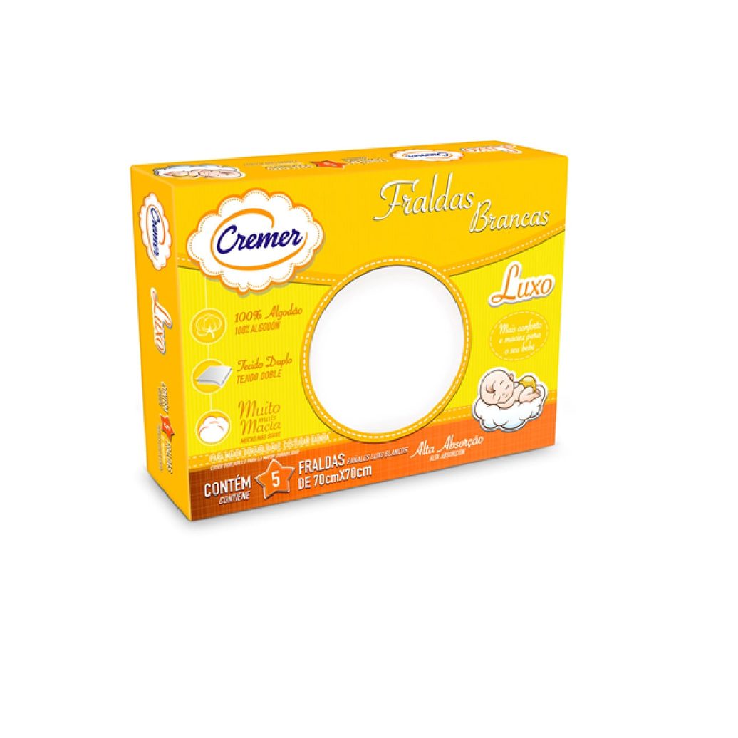 Fralda de Pano Cremer Luxo Branco 70cm x 70cm 5 Unidades