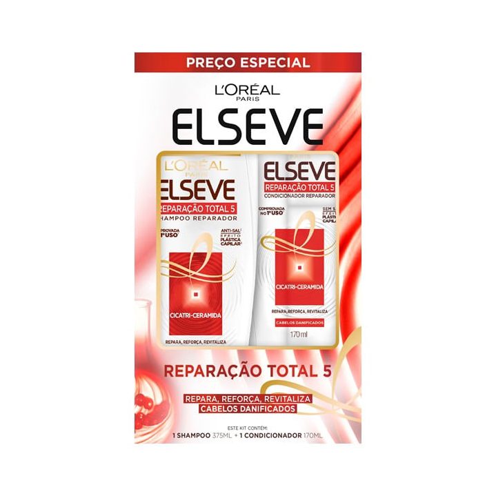 Kit Shampoo Elseve Reparação Total 5 375ml 1 Unidade + Condicionador Elseve Reparação Total 5 170ml 1 Unidade
