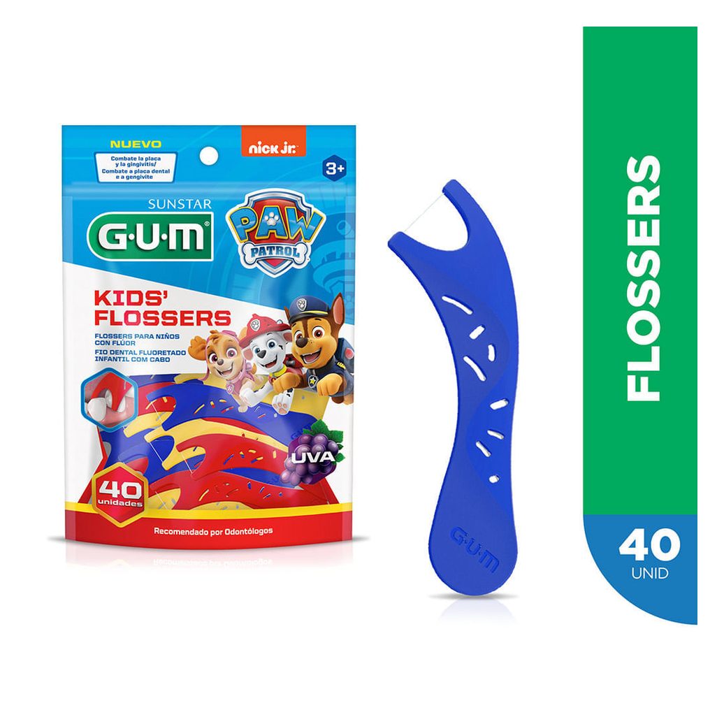 Fio Dental Infantil GUM Flosser Patrulha Canina com Flúor Sabor Uva 40 Unidades