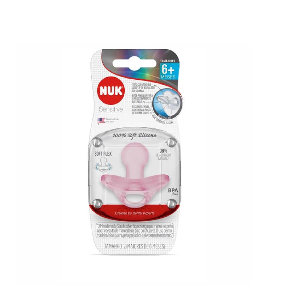 Chupeta NUK Sensitive Soft Original Shape +6 meses 100% Silicone Rosa Tamanho 2 1 Unidade