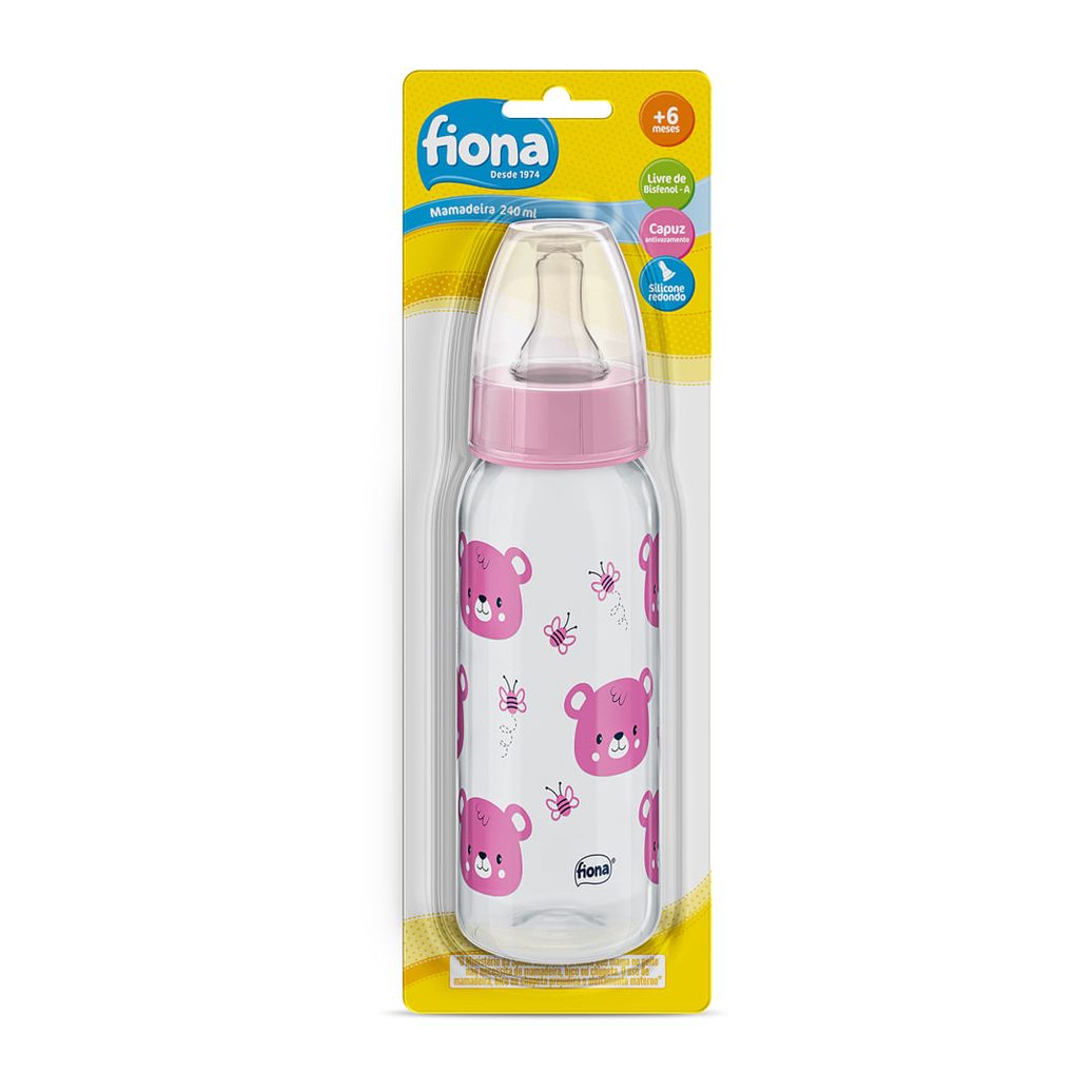 Mamadeira Fiona Desenhos Anatômica +6 meses Sem BPA Rosa Tamanho 2 240ml 1 Unidade