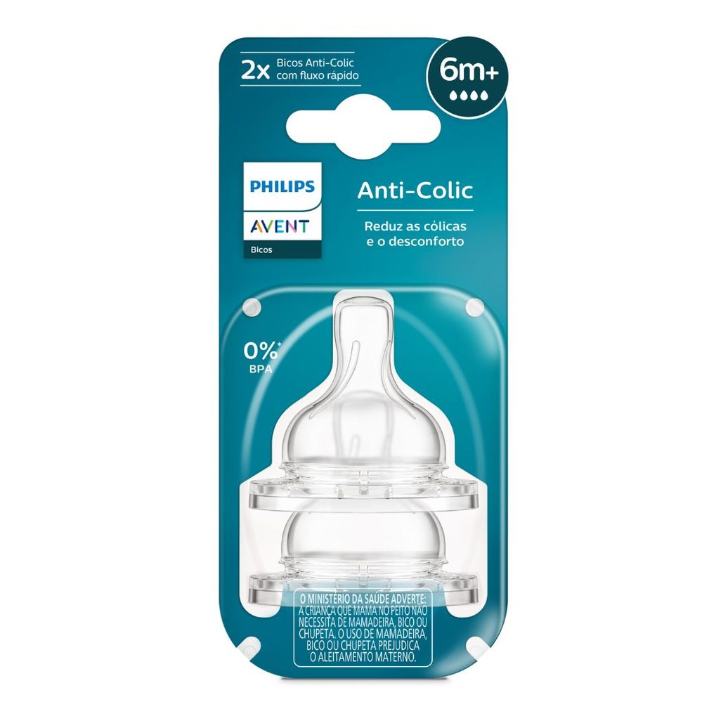 Bico para Mamadeira Philips Avent Classic +6 meses Anti Cólica Fluxo Rápido Silicone Tamanho 4 2 Unidades
