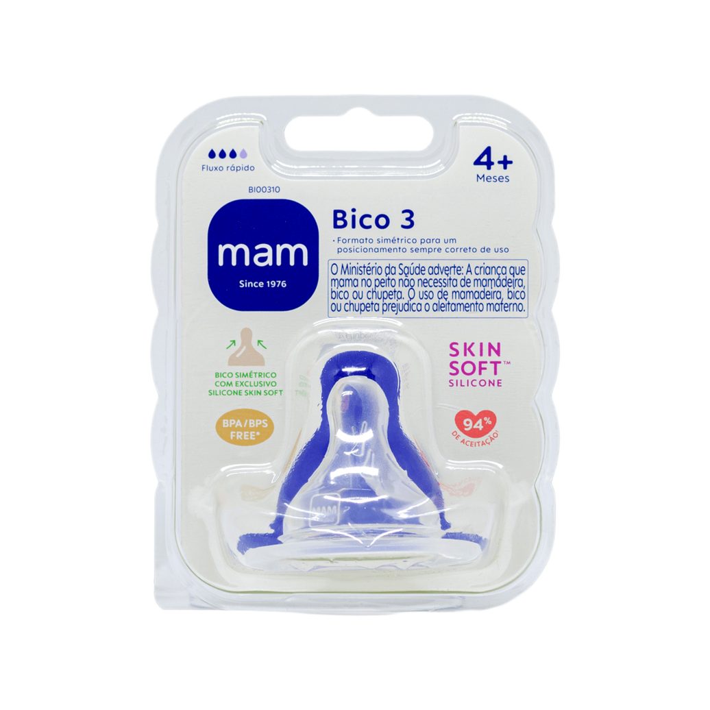 Bico para Mamadeira MAM Ortodôntico Fluxo Rápido Anticólica +4 meses Silicone 1 Unidade