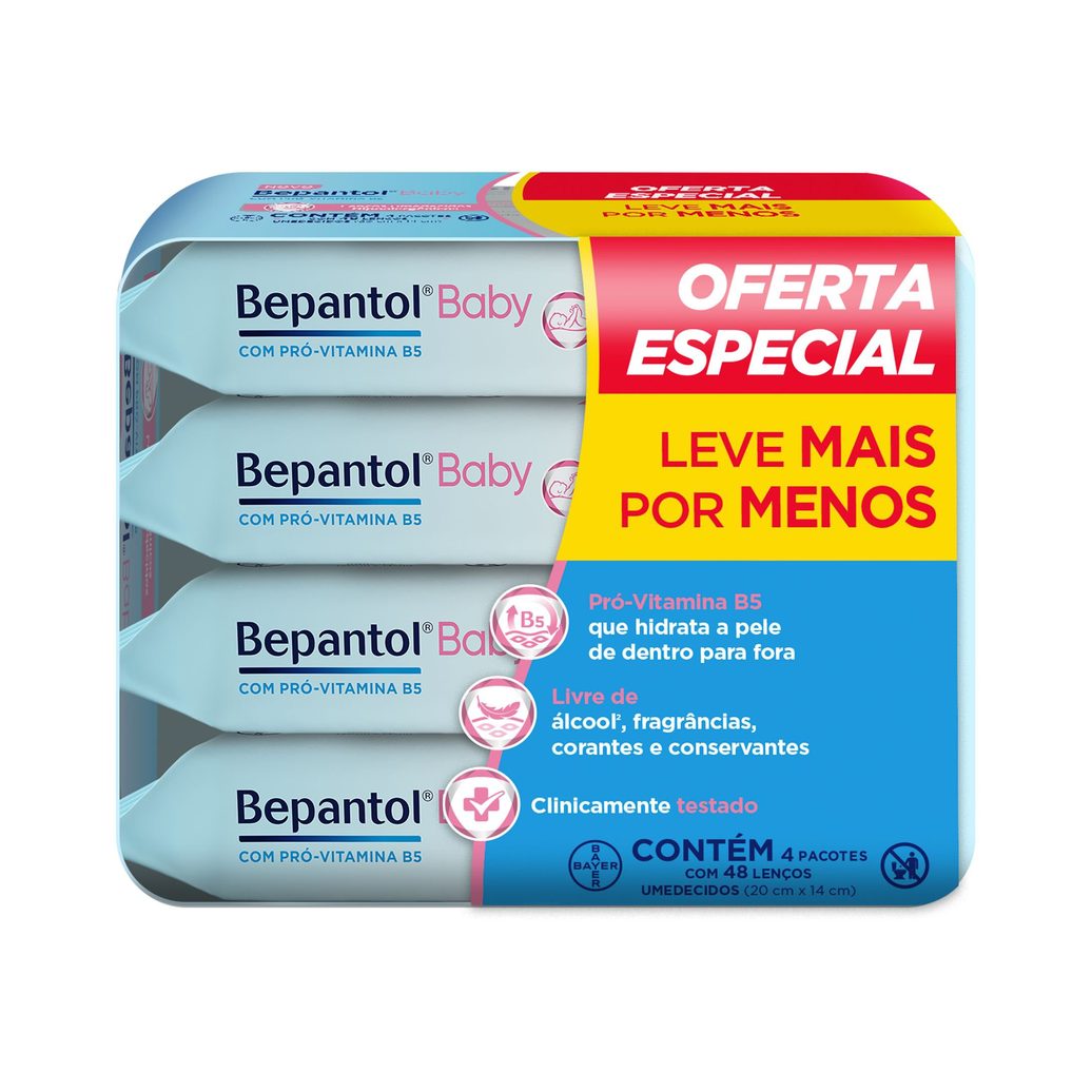 Lenços Umedecidos Bepantol Baby Sem Fragrância Hipoalergênico com Pró-Vitamina B5 48 Unidades 4 pacotes Leve 4 Pague 3