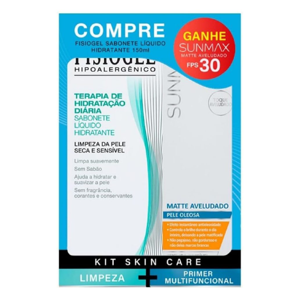Kit Sabonete Líquido Fisiogel Terapia de Hidratação Diária 150ml 1 Uni + Protetor Solar Facial Sunmax Matte Aveludado FPS 30 50ml 1 Uni