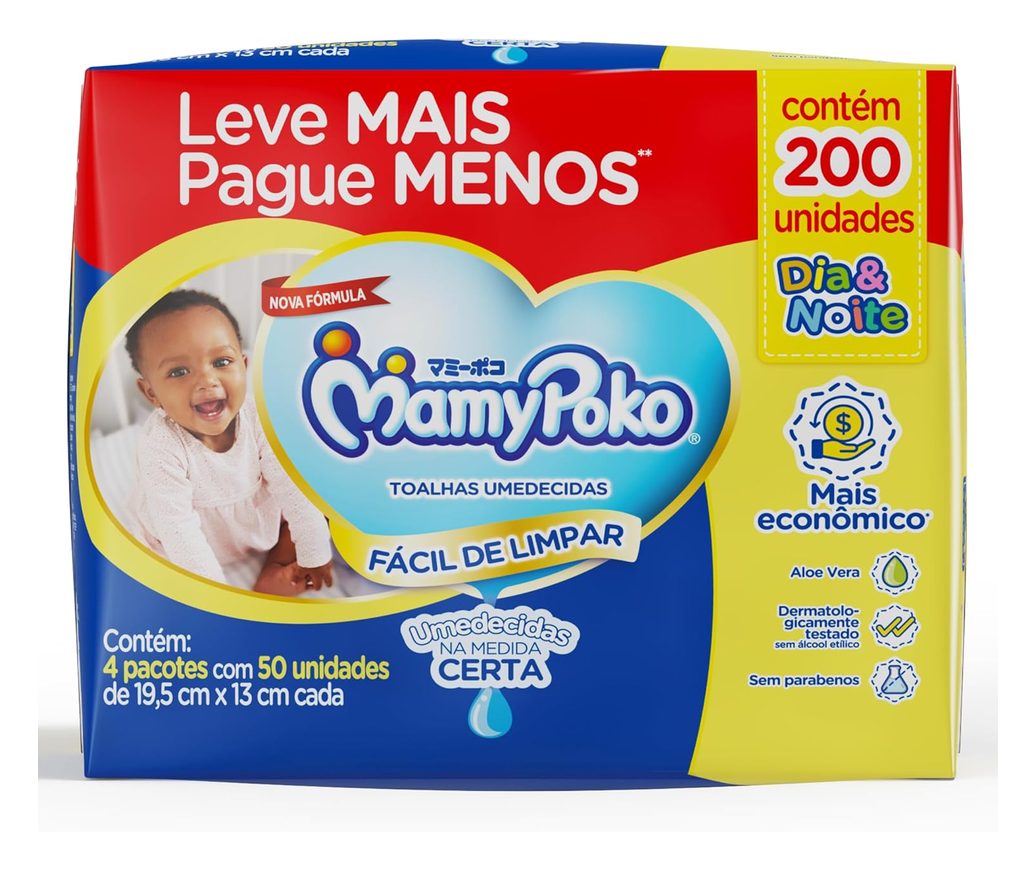Toalhas Umedecidas MamyPoko Dia & Noite 200 Unidades Leve mais por Menos
