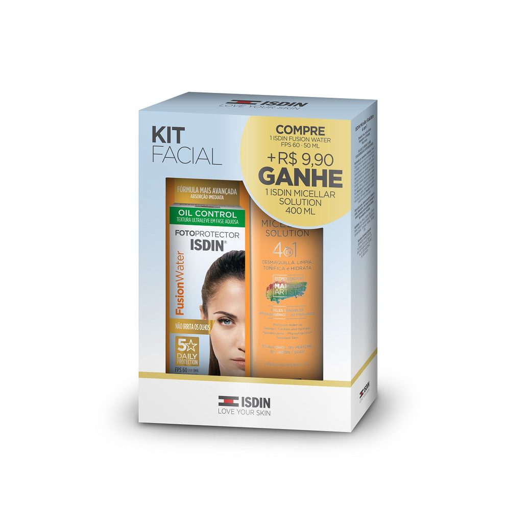Kit Protetor Solar Facial ISDIN Fusion Water Oil Control FPS60 50ml 1 Unidade + Água Micelar ISDIN 4 em 1 400ml 1 Unidade