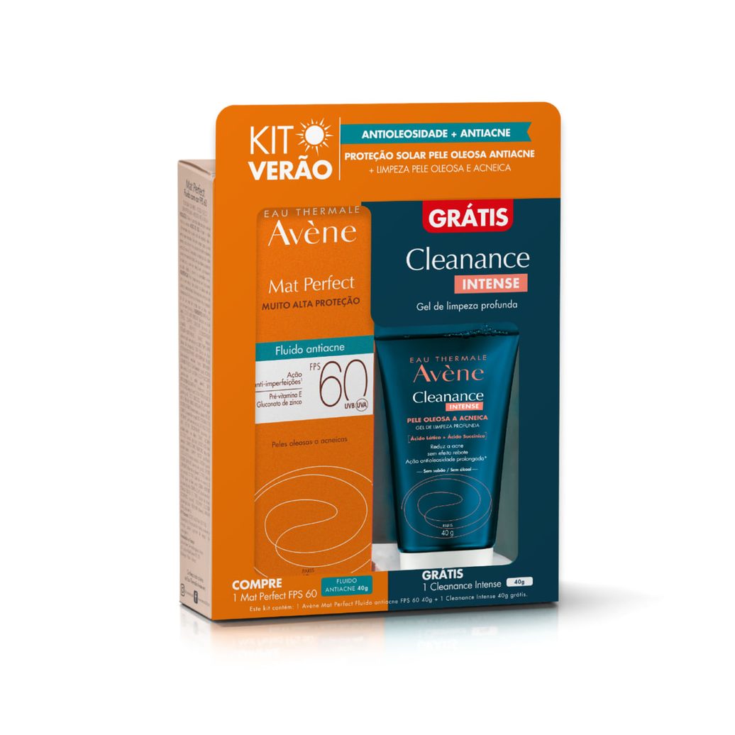 Kit Verão: Protetor Solar Facial Avène Mat Perfect Antiacne FPS60 40g 1 Unidade + 1 Gel de Limpeza Cleanance Intense 40g 1 Unidade