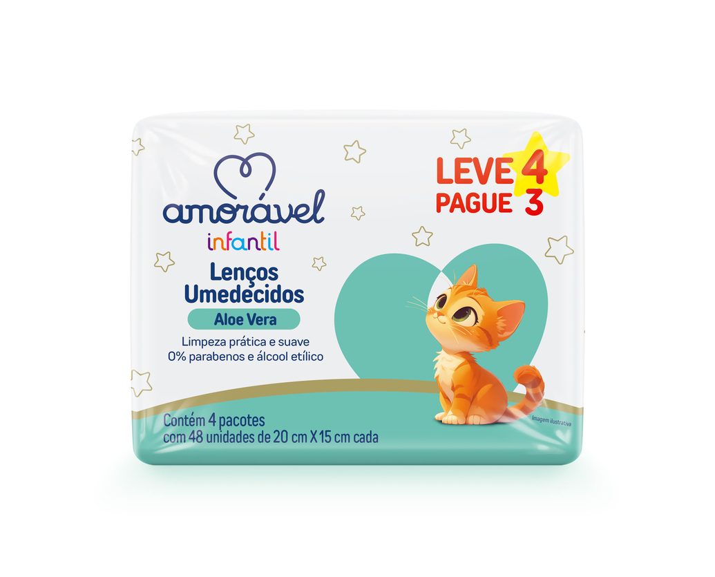 Lenços Umedecidos Amorável Aloe E Vera Com 192 Unidades Leve 4 Pague 3
