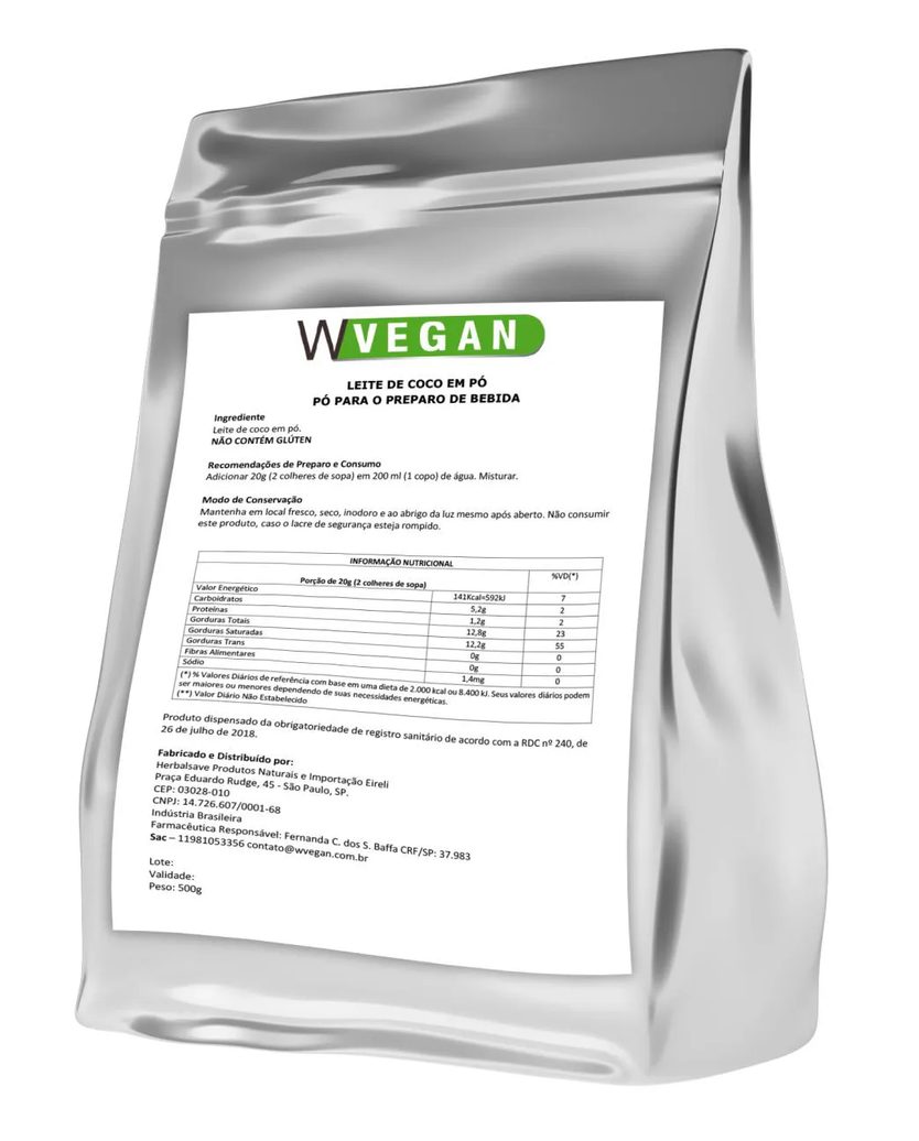 Leite de Coco em Pó 1kg Embalagem Refil Wvegan Vegano