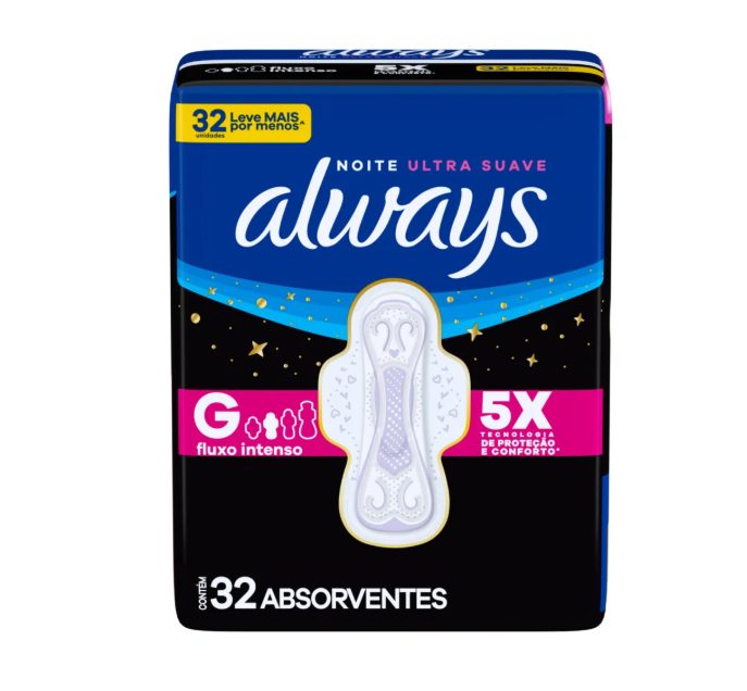 Absorvente Always Noturno Cobertura Suave com Abas Fluxo Intenso G 32 Unidades