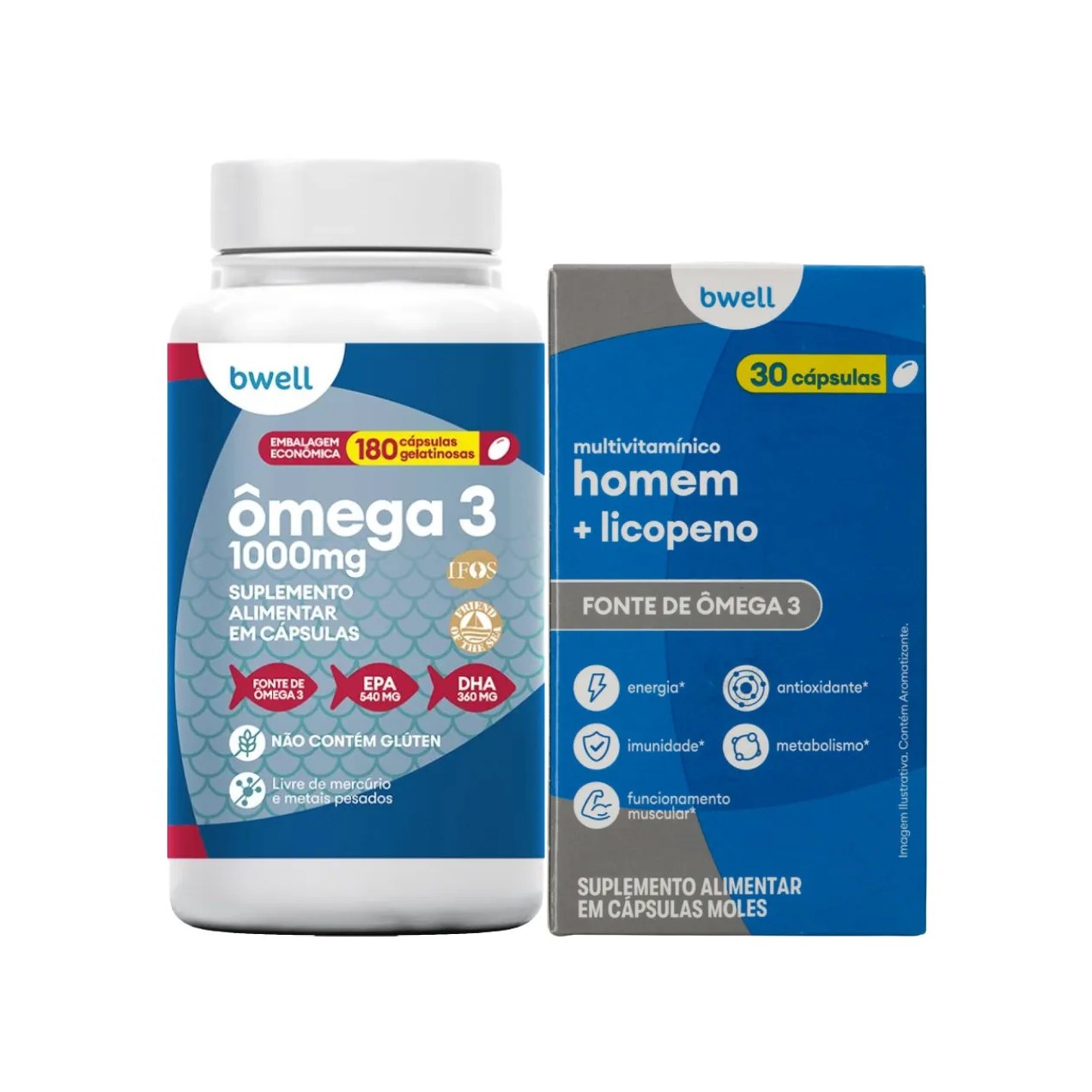 Kit Bwell Ômega 3 180 Cápsulas + Polivitamínico Homem 30 Cápsulas