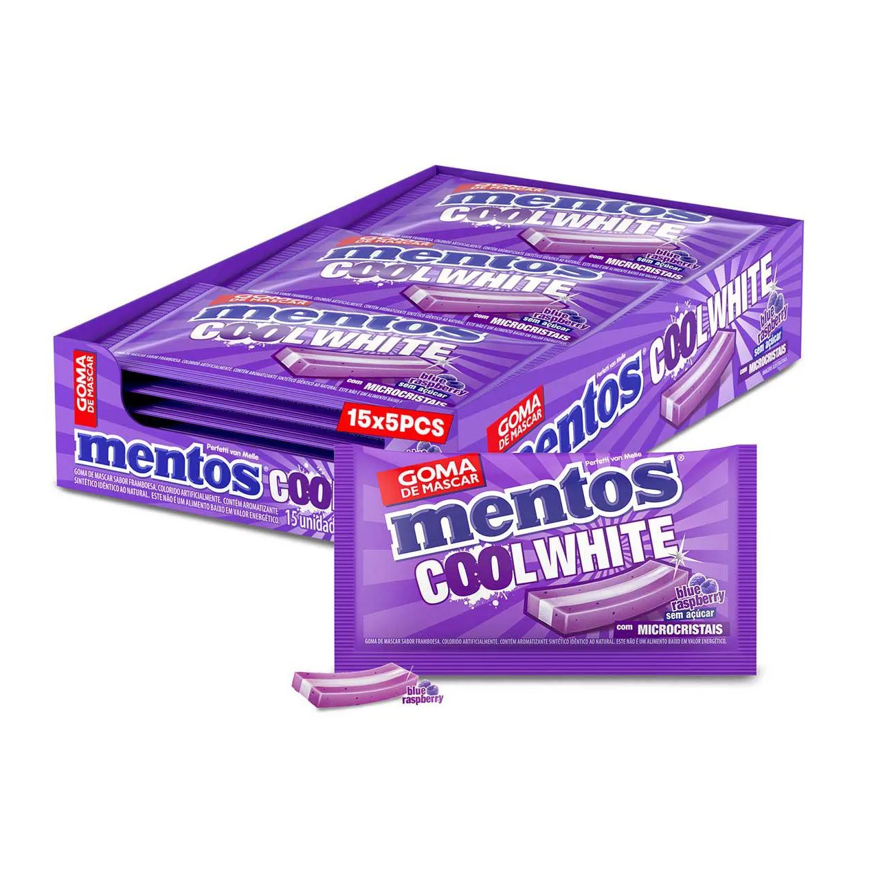 Goma de Mascar Mentos Cool White Blue Raspberry Sem Açúcar 5 unidades